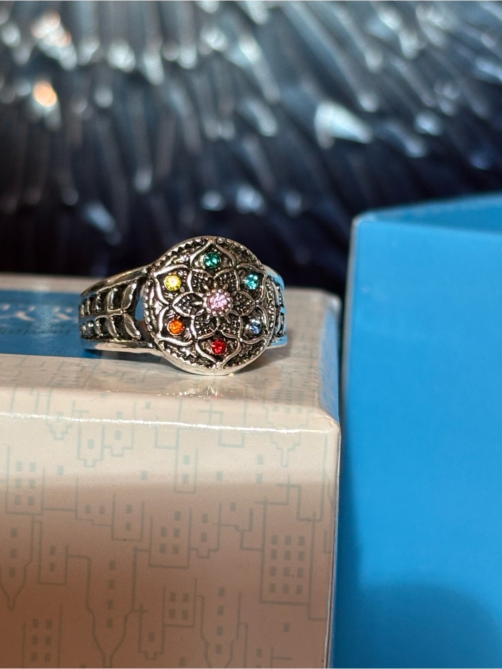 Silver Plated Sz 9 Mandala Flower Rainbow Chakra Ring